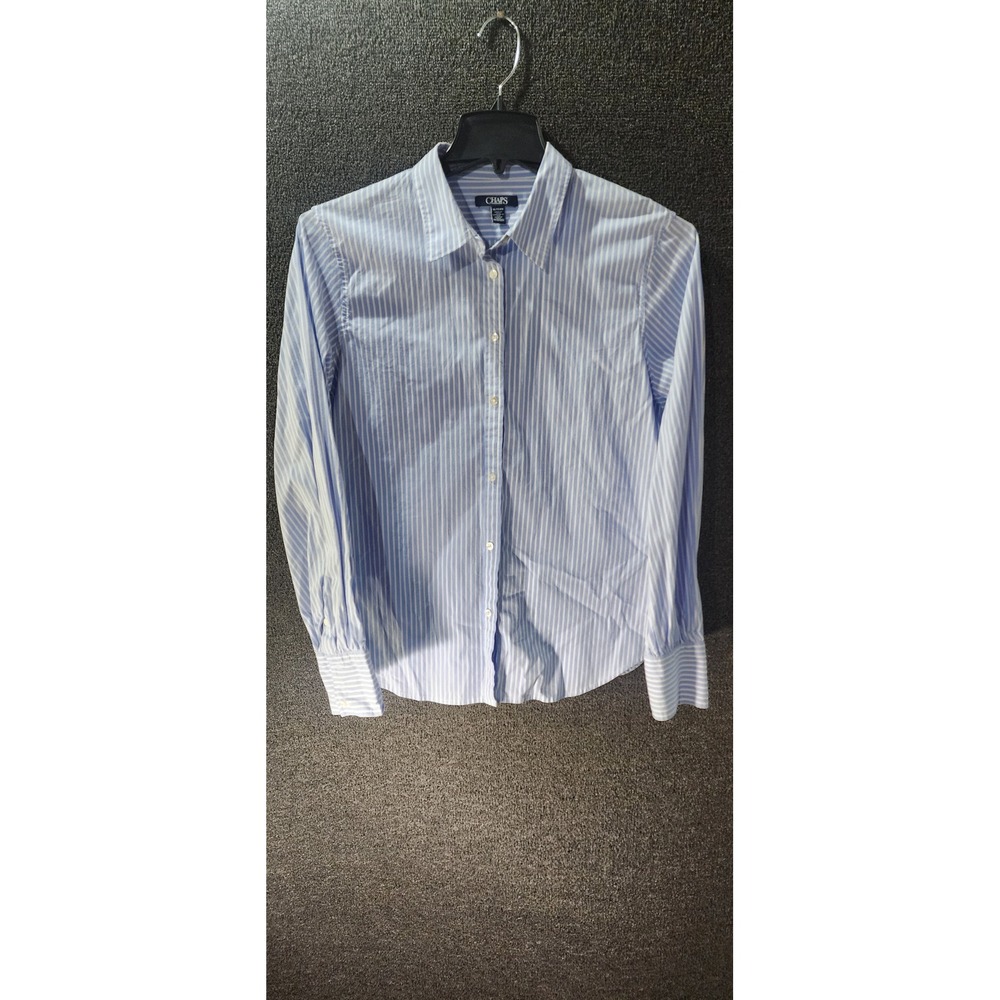 Chaps Womens XL Blue White Striped Button Down Shirt Long Sleeve Stretch Cotton
